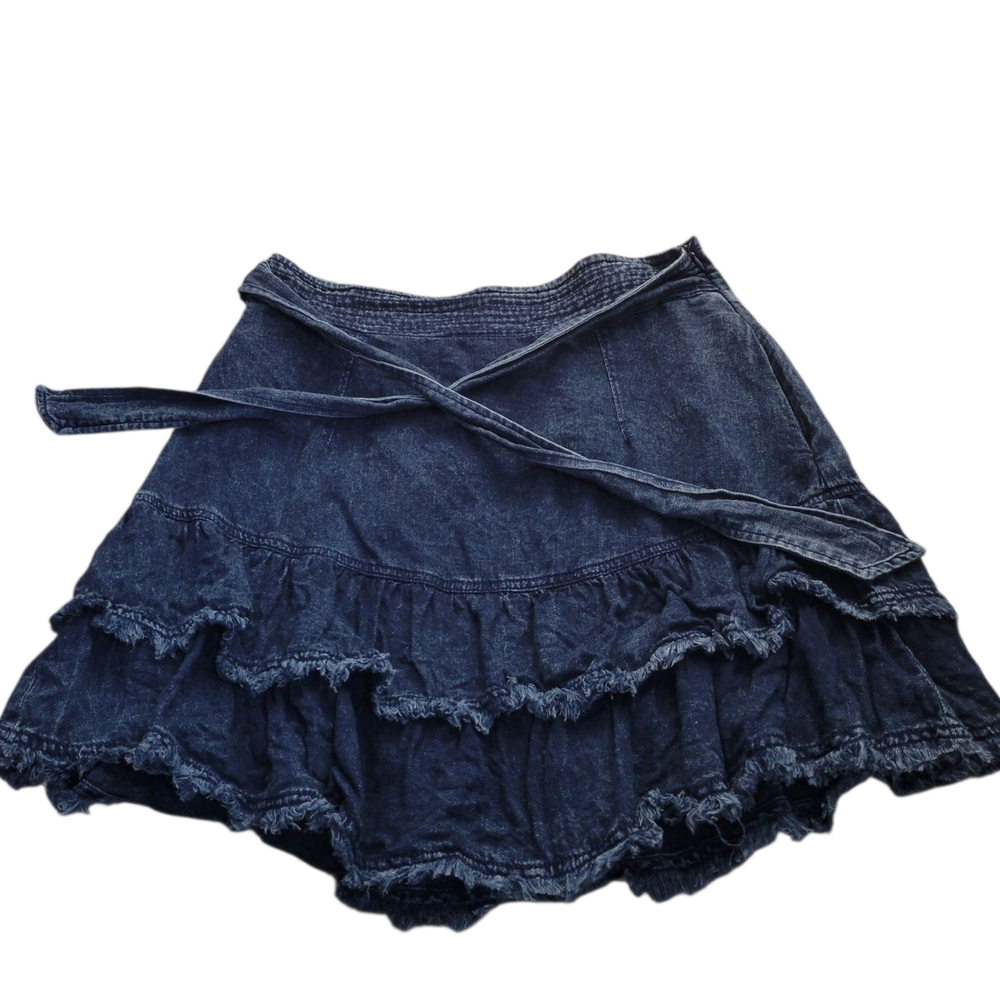 PILCRO Dark Blue Layered RUFFLE Mini Skirt M ELASTIC WAIST ANTHROPLOGIE